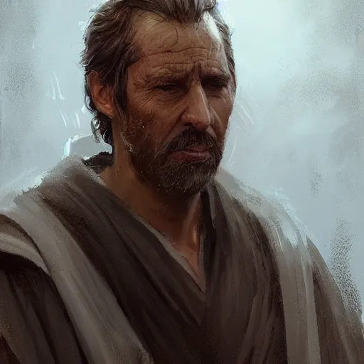 Image similar to portrait of a man by greg rutkowski, jedi master, arabian features, messy long black hair, wearing orange jedi robes, star wars expanded universe, he is about 6 0 years old, highly detailed portrait, digital painting, artstation, concept art, smooth, sharp foccus ilustration, artstation hq