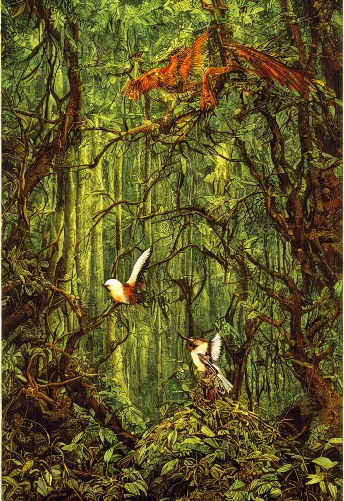 Prompt: a bird in a forrest in the style of patrick woodroffe, masterpiece, fantastic, High quality image