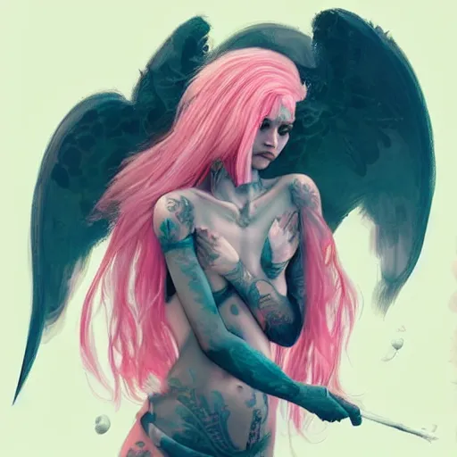 Prompt: beautiful warrior angel with pink hair, upper body, blue piercing eyes, mystery, love, thin features, beautiful aesthetic, by james jean, trending on artstation, digital art