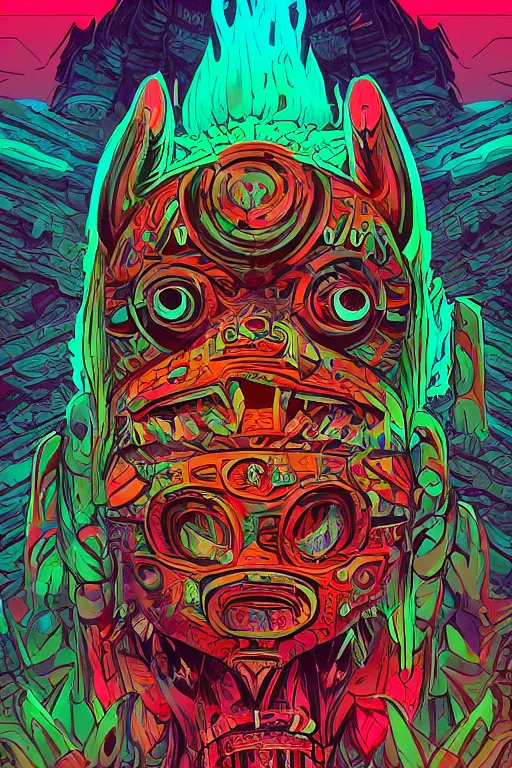 Image similar to totem animal tribal chaman vodoo mask feather gemstone plant wood rock video game illustration vivid color borderlands by josan gonzales and dan mumford radiating a glowing aura