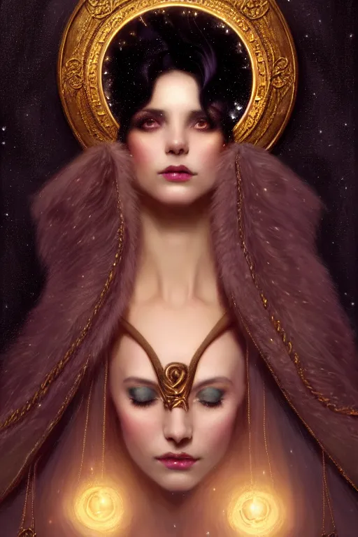 Image similar to Nocturne, glowing, stars, a portrait of a beautiful female shadow djinn creature with long fur collar, highly detailed, mysterious, ethereal, dressed in velvet and gold jewelry, haute couture, illustration, dramatic lighting, soft details, painting, by Edmund Blair Leighton, Brom, Charlie Bowater, trending on artstation, faces by Tom Bagshaw, otto schmidt