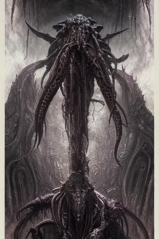 Prompt: portrait of cthulhu by hr giger, greg rutkowski, luis royo and wayne barlowe as a diablo, resident evil, dark souls, bloodborne monster