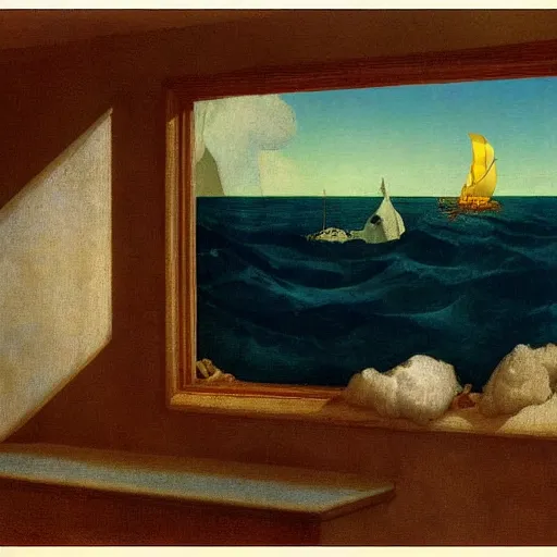 Image similar to a shipwreck at the bottom of the sea by Raphael, Hopper, and Rene Magritte. detailed, romantic, enchanting, trending on artstation.