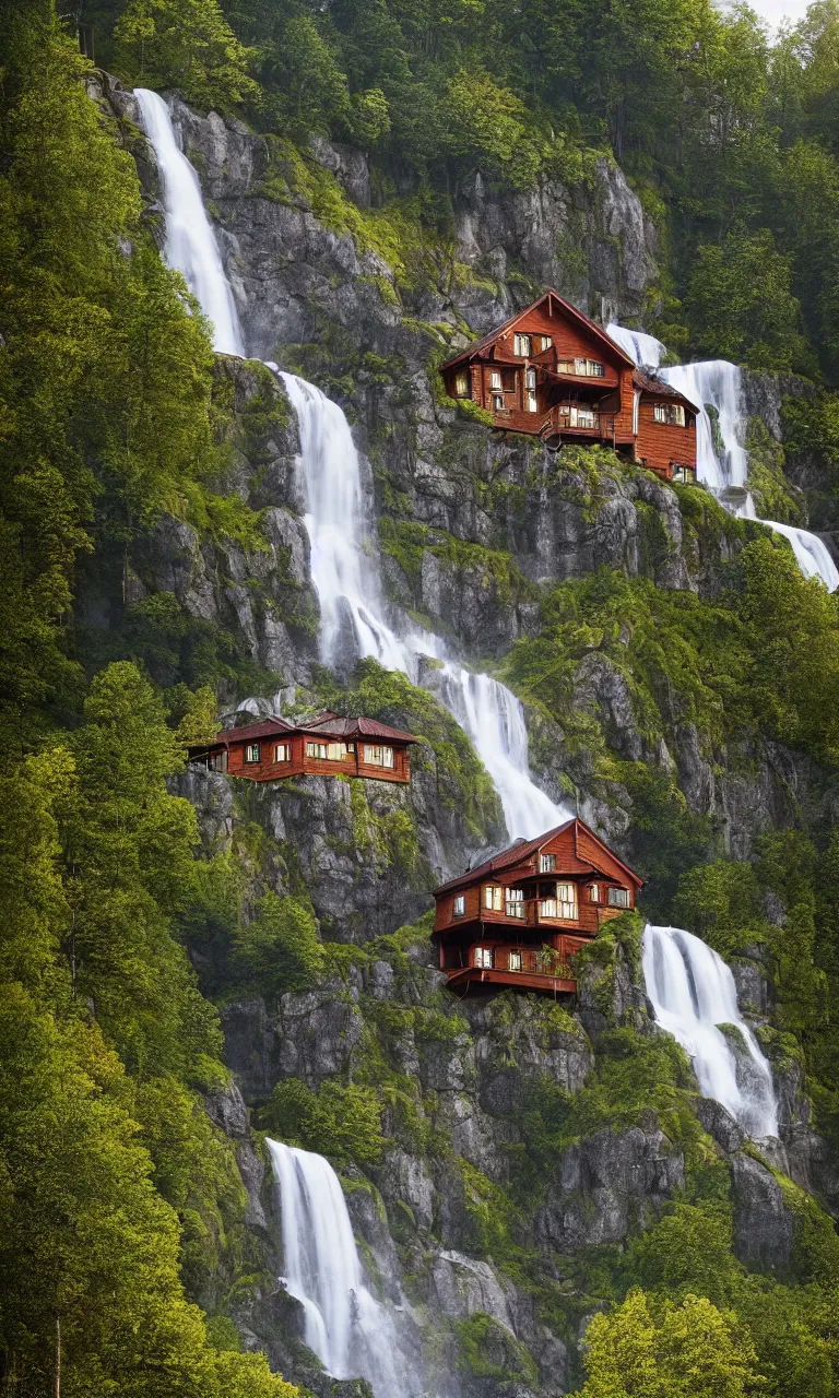 Image similar to beautiful large scandinavian house in the forest on a hill, a large waterfall flows down from the mountain in the background, vector art, fabulous, random cinematic view, no noise, global illumination, warm lighting, volumetric, by jordan grimmer