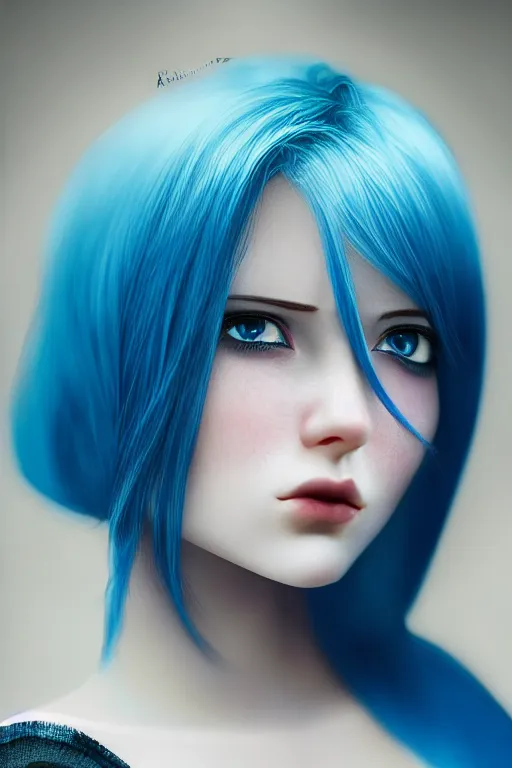 Prompt: hd photograph of a pretty girl with blue hair, close up portrait, skin texture, in the style of ilya kuvshinov, dramatic lighting, fantasy, intricate, elegant, highly detailed, lifelike, photorealistic, digital painting, bokeh, hdr, high resolution, unsplash, smooth, sharp focus, art by krenz cushart and albert aublet