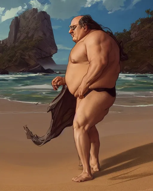 Image similar to beautiful, danny de vito standing in front of a beach, intricate, stunning, highly detailed, digital painting, artstation, concept art, smooth, sharp, focus, illustration, art by artgerm and greg rutkowski and alphonse mucha