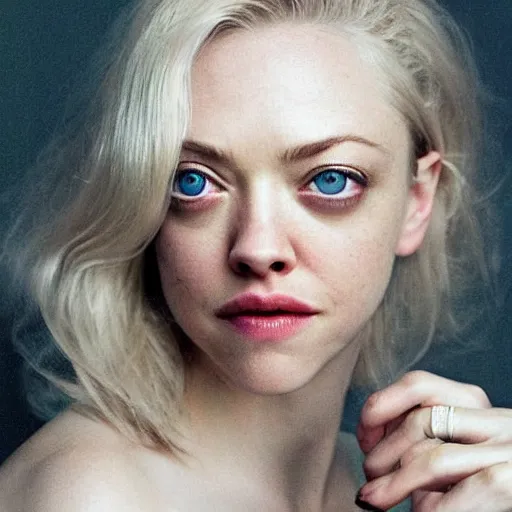 Prompt: photo of amanda seyfried, full platinum blond, pale skin, freckle, by annie leibovitz, realistic, high detail, high quality, trending on pinteresst