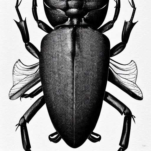 Image similar to male stag beetle, black and white, botanical illustration, black ink on white paper, bold lines