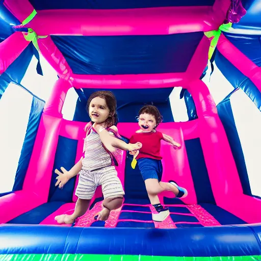 Image similar to a darkly lit indoor children's bounce house photo taken with a deposable camera limital space