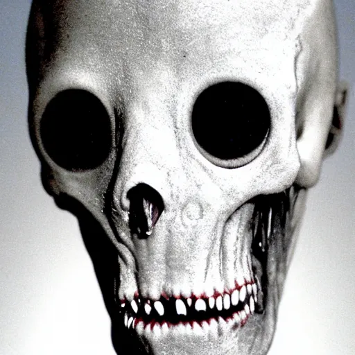 Image similar to humanoid with crooked teeth, two shallow black eyes, long open black mouth, alien looking, big forehead, horrifying, killer, creepy, photo turning slightly yellow, long open black mouth, dead, looking straight forward, realistic, slightly red, long neck, boney, monster, tall, skinny, skullish, deathly, in the style of alfred kubin