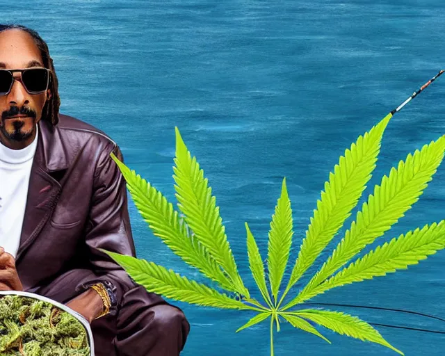 Prompt: photograph of Snoop Dogg sitting in a fishing boat on a river and holding a huge cannabis plant, highly detailed, 4k, hd