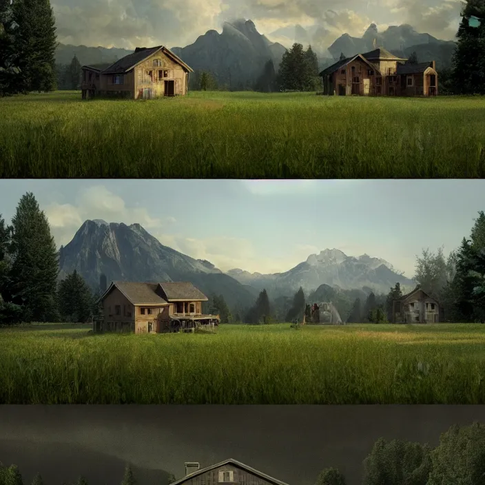 Image similar to a house in a field with mountains in the background, a matte painting by gregory crewdson, behance contest winner, american scene painting, matte painting, concept art, movie still