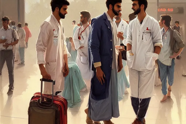 Image similar to Anxious good looking pale young Indian doctors wearing American clothes chatting at the airport, portrait, elegant, intricate, digital painting, artstation, concept art, smooth, sharp focus, illustration, art by artgerm and greg rutkowski and alphonse mucha