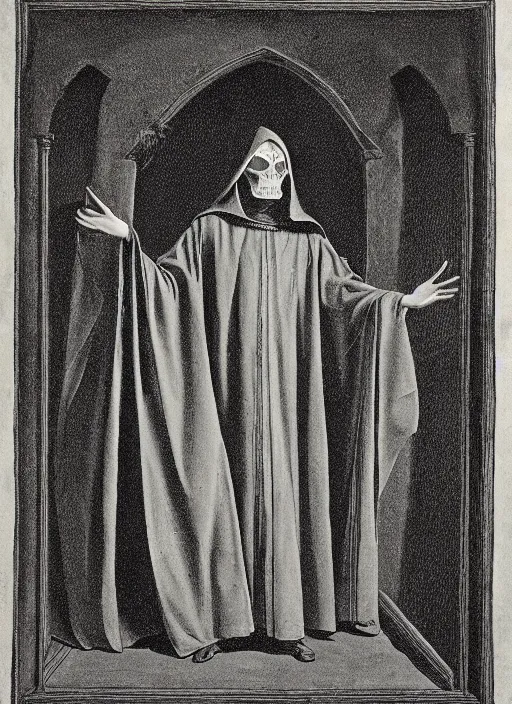 Image similar to fineart illustration of the necromancer, wearing a black cloak, crisp