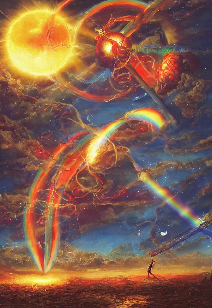 Image similar to tarot card of a giant glowing sun behind a large steel hanging sword in front of a rainbow, caught between two red and blue thick intertwined snakes, night sky containes 1 3 bright stars, the ground covered in crystal growths of various sizes, tarot card, dynamic lighting, hyper detailed, art by christophe vacher, 8 k