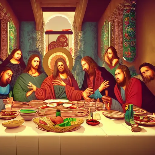 Image similar to the last supper in a mexican restaurant, sombrero, ponchos, in a baroque style, intricate detail, cinematic, 8 k, cel shaded, unreal engine, featured on artstation, pixiv