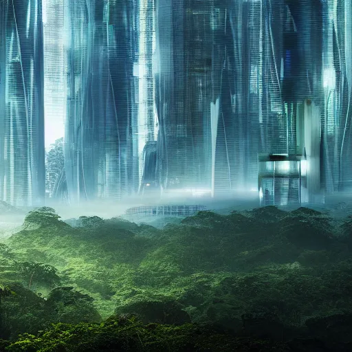 Image similar to an expansive view of a futuristic containment building in a rainforest valley with a futuristic city in the distance, tropical, national geographic, hyper realistic, 4 k, hazy light