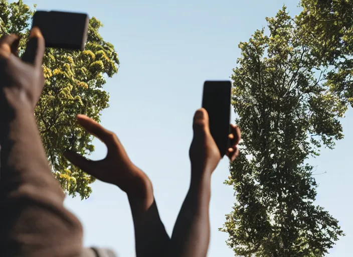 Image similar to photo still of a bronze statue of a person using an iphone to take a selfie, park on a bright sunny day, 8 k 8 5 mm f 1 6