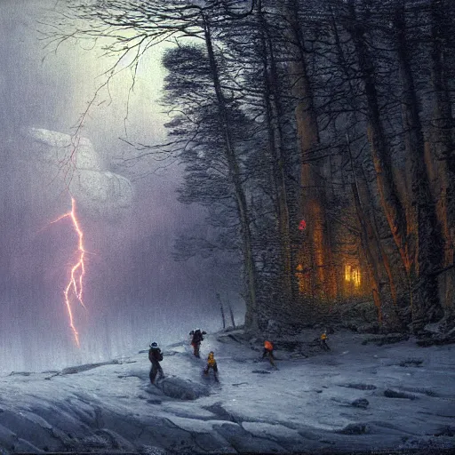 Image similar to a beautiful painting of group of climbers, extreme cold, storm, octane rendering, grim, dark, gloomy, cruel, volumetric lightning, hyperrealism, no blur, 4 k resolution, ultra detailed, style of john atkinson grimshaw, ivan shishkin, tyler edlin, scott listfield, eric zener