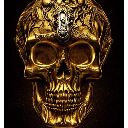 Image similar to ominous chiaroscuro baroque cinestill poster of a golden skull intricately decorated with ancient runic inscriptions and prophecy engravings. dramatic ray of light, octane render by elden ring, ominous dark background. deep aesthetics, ( lord of the rings : the return of the king 2 0 0 3 )