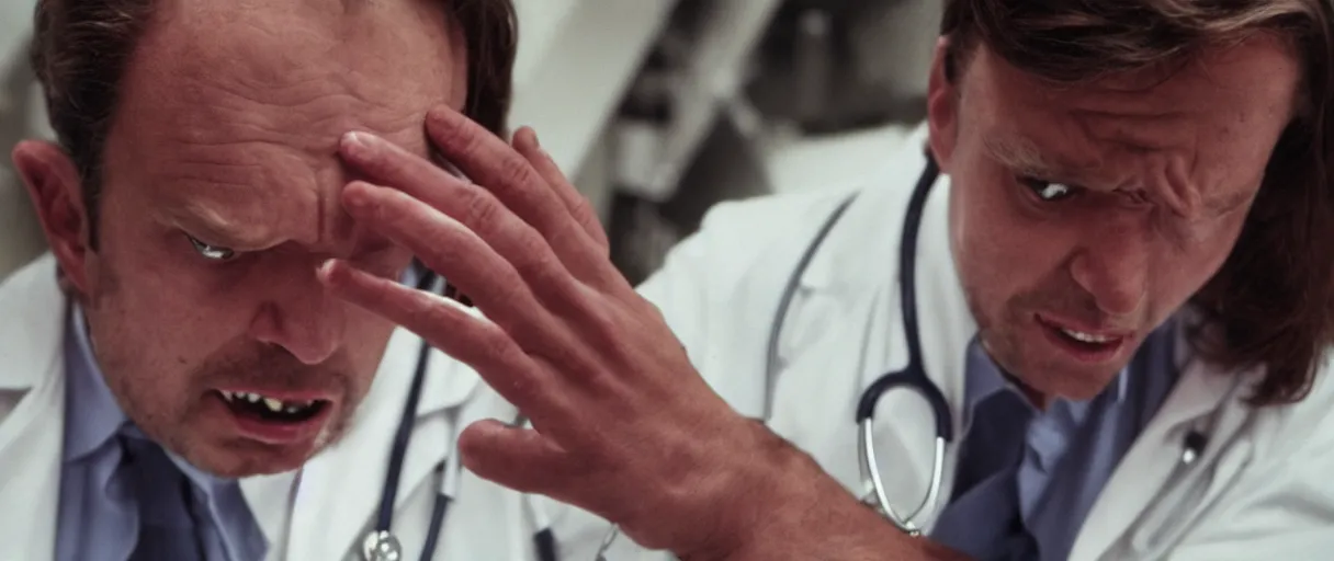 Prompt: filmic dutch angle movie still 4k UHD 35mm film color photograph of a screaming horrified doctor looking down at his profusely bleedig mangled wrist &. hand