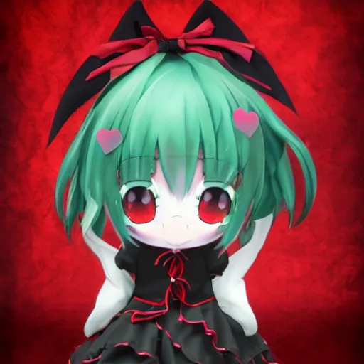 Prompt: cute fumo plush of a void imp who crawled out a hole in reality, anime girl, black and red, green ribbon and heart, ruffled and tattered dress, symmetry, gothic, vray