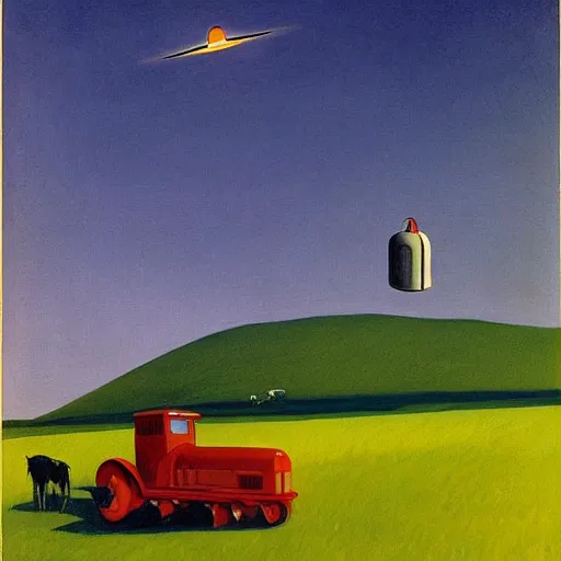 Image similar to UFO abducting a cow with its tractor beam, by Edward Hopper