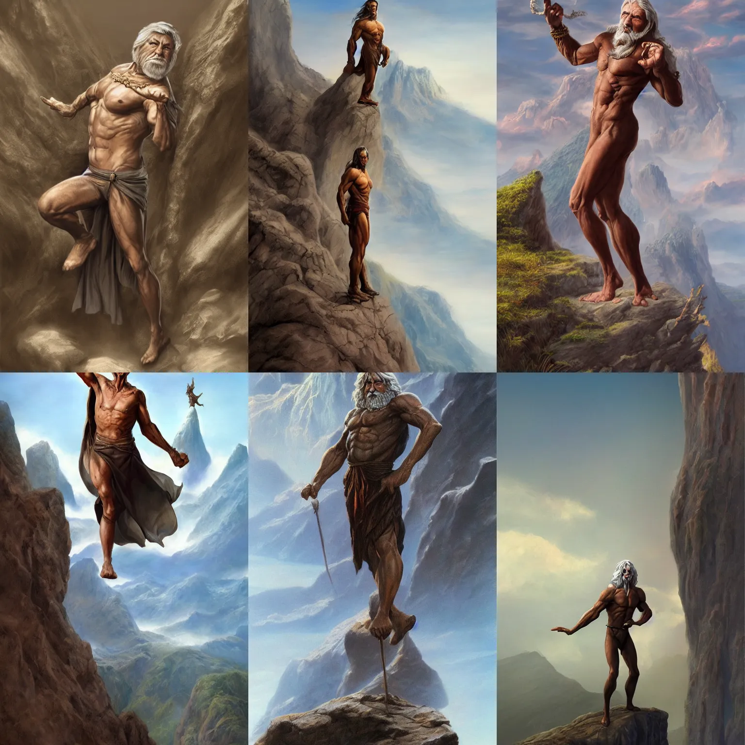 Prompt: an old male wizard standing on a cliff, full body, style of Boris Vallejo and Frank Frazetta, hyper realistic, very detailed, fantasy art, matte painting, trending on artstation and deviantart