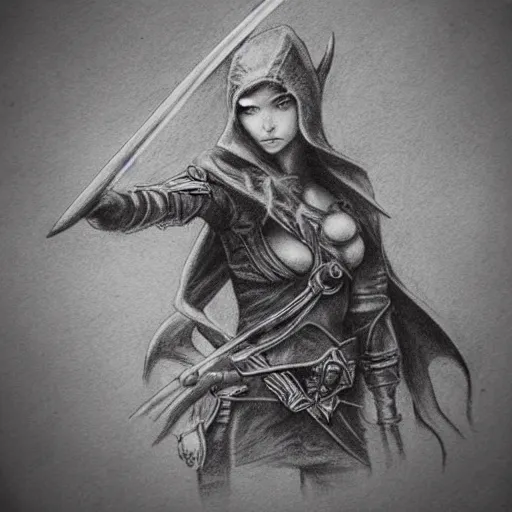 Prompt: elf ranger, character, dungeons and dragons, pencil art, high quality, holding a dagger