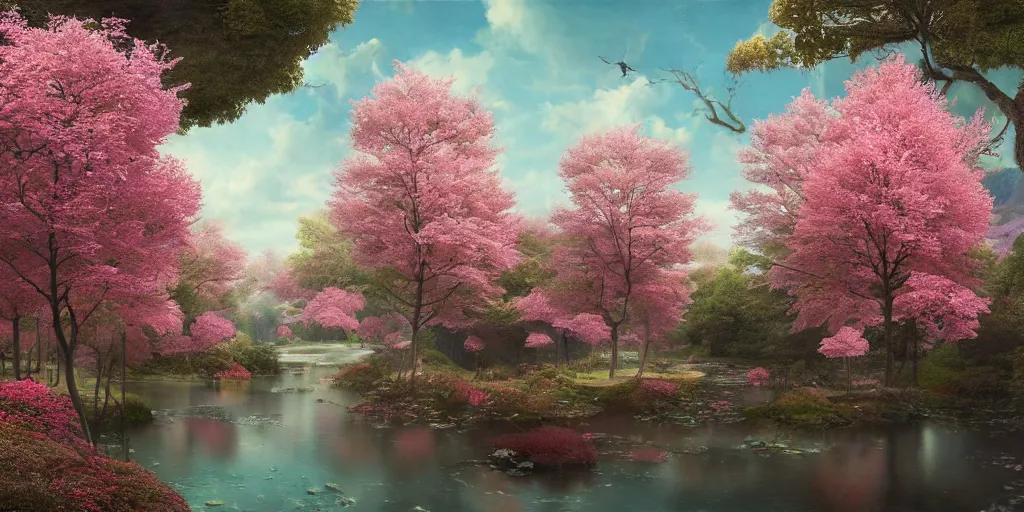 Prompt: a hiper intricate 3 d artwork of a beatifull serene landscape with cute pink trees, intricate, highly detailed, digital painting, artstation, concept art, extremely detailed, sharp focus, octane render wide view, smooth, digital illustration, colorfull, by wlop, by hieronimus bosch, by mark ryden
