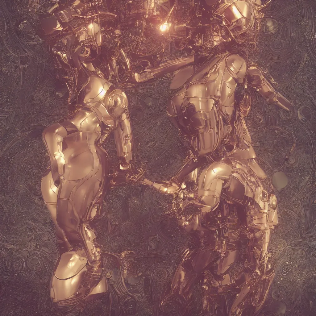 Prompt: a photo of a girl half robot, 3 d render 8 k shoot, volume light, cinematic light effect, super realistic, super wide angle, rococo ornament, cinematic, symmetrical ornament, decorative frame, by victo ngai, moebius, metal hurlant, akira, leon francois comerre, craig mullins, mucha, klimt, artstation