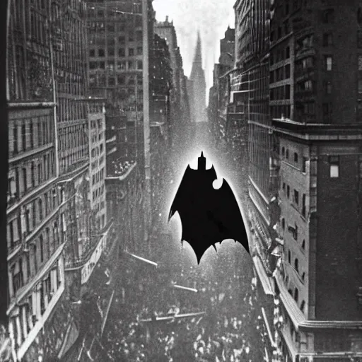 Prompt: old black and white photo, 1 9 1 3, depicting batman fighting a bad guy in an ally of new york city, rule of thirds, historical record