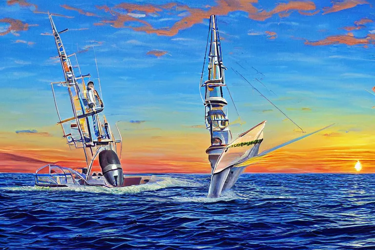 Prompt: A painting of a Sport fishing yacht with tuna tower at sunrise trolling along a well defined weed line, inspired by Guy Harvey, digital art, insanely detailed, hyper detailed photorealistic, ambient lighting, award winning, stunning