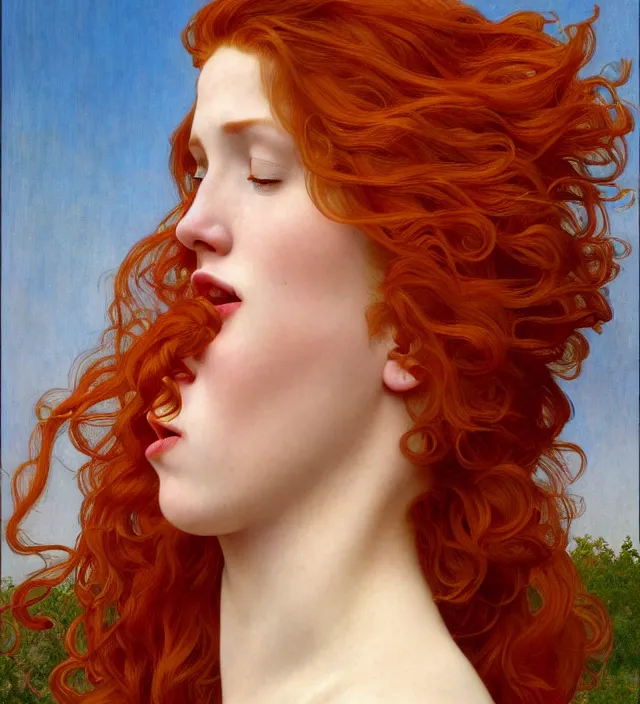 Image similar to intricate art nouveau portrait of redheaded young molly ringwald with long red hair blowing in the wind, mouth open, wearing a thin white dress, in front of a carved screen, elegant, digital painting, smooth, sharp focus, illustration, ultra realistic, 8 k, by bouguereau, alphonse mucha, artgerm, and donato giancola