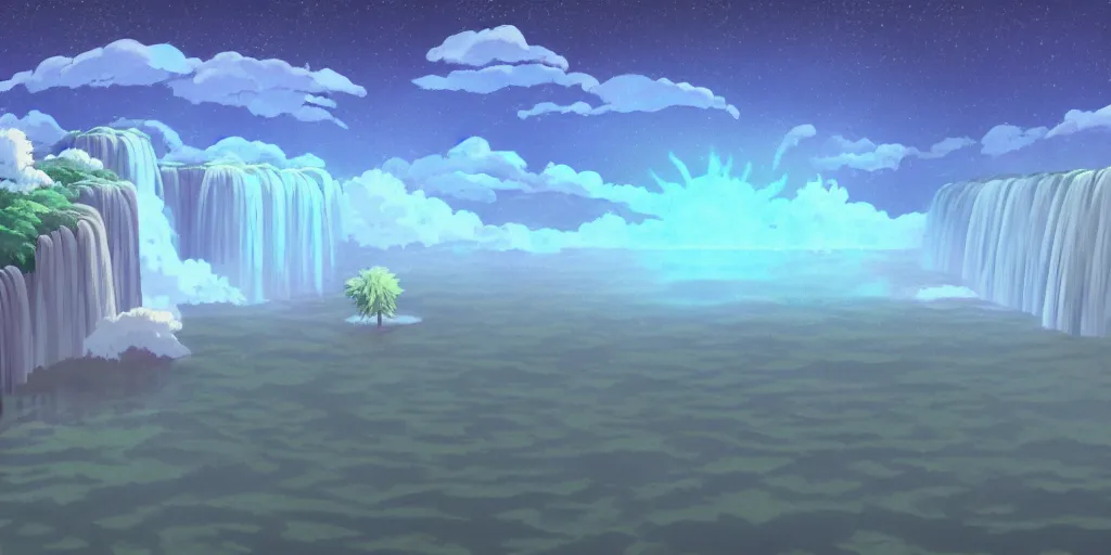 Prompt: a cell - shaded studio ghibli concept art study of a square dimensional time portal in the air over a flooded desert on a misty starry night. a waterfall is flowing out of the portal. very dull colors, hd, 4 k, hq