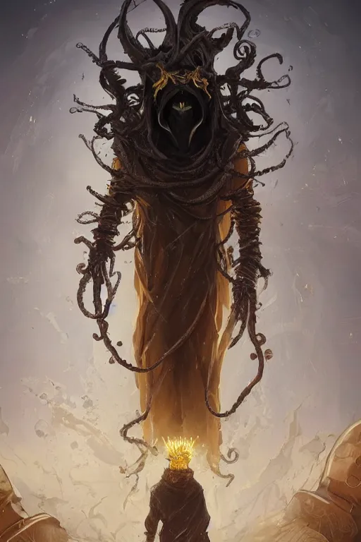 Image similar to A full body portrait of a mysterious character with no face with a very long hooded yellow cloak, a golden crown floating above his head tentacles coming out the ground art by Maciej Kuciara and Jason Chan, ominous, cosmic horror, trending on artstation, Ultra detailed, hyper realistic 4k