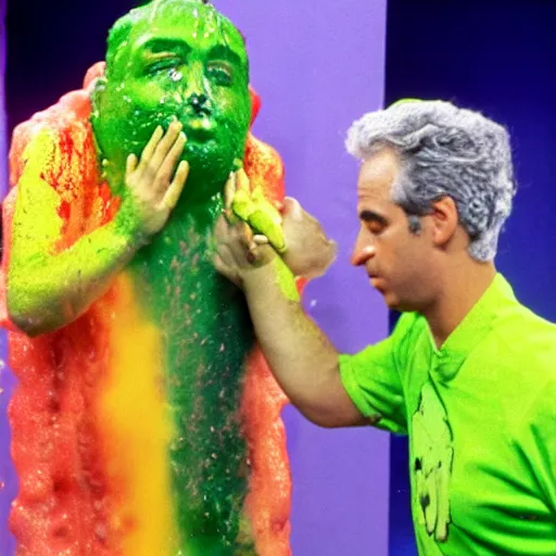 Prompt: press photo Jeffery Epstein getting slimed on the set of nickelodeon's double dare