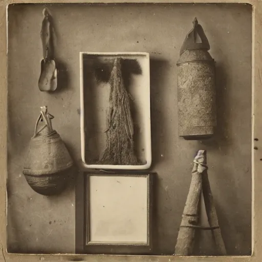 Image similar to Tintype photograph of primitive objects displayed in an ethnographic museum, archive material, anthropology, 1920s studio lighting.