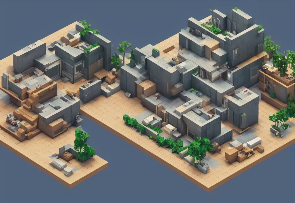 Image similar to isometric magicavoxel modern house, magicavoxel cinematic lighting, 4k