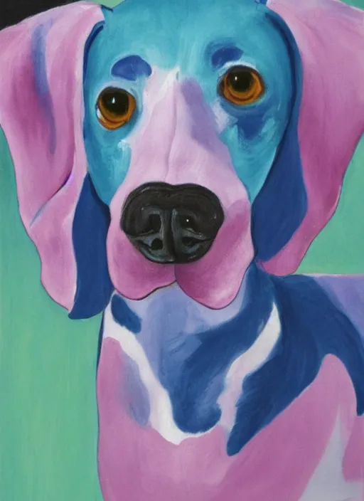 Prompt: Pink and Blue dachshund, painted by Georgia O'Keeffe, very detailed, with folds, 8k