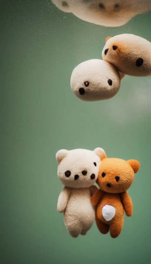 Prompt: 50mm f/2.3 wide shot photograph of two Rilakkuma plushies cuddling floating in midair after a long day, depth of field, dappled in evening light, like an Iwagumi Aquascape by Toshiko Mori, partially submerged hidden in the mist