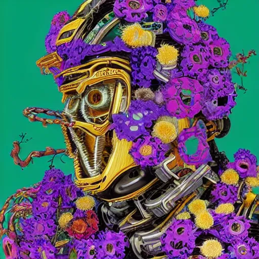 Image similar to colourful vfx art - portrait of army mecha robot wrapped in flowers & vines, art by utagawa kunisada & tadanori yokoo, volumetric light, ray tracing, sharp, detailed, digital painting, illustration, highly detailed, intricate detail, unreal engine, octane render, pinterest, behance, art station,