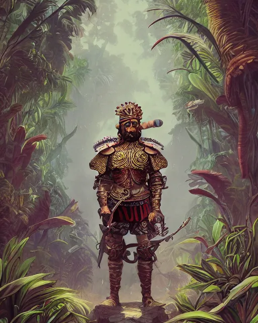 Prompt: a 3d render of a spanish conquistador wearing ornate armor with the face of karim benzema in a dense jungle, art by Peter mohrbacher and Dan mumford and studio ghibli, fantasy, intricate octane, trending on artstation, studio ghibli color scheme, detailed, 8k