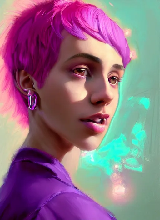 Prompt: portrait of teenage vanessa morgan with bright pink hair, curly pixie cut hair, wearing a purple breton cap, breton cap, hoop earrings, intricate, elegant, glowing lights, highly detailed, digital painting, artstation, concept art, smooth, sharp focus, illustration, art by wlop, mars ravelo and greg rutkowski