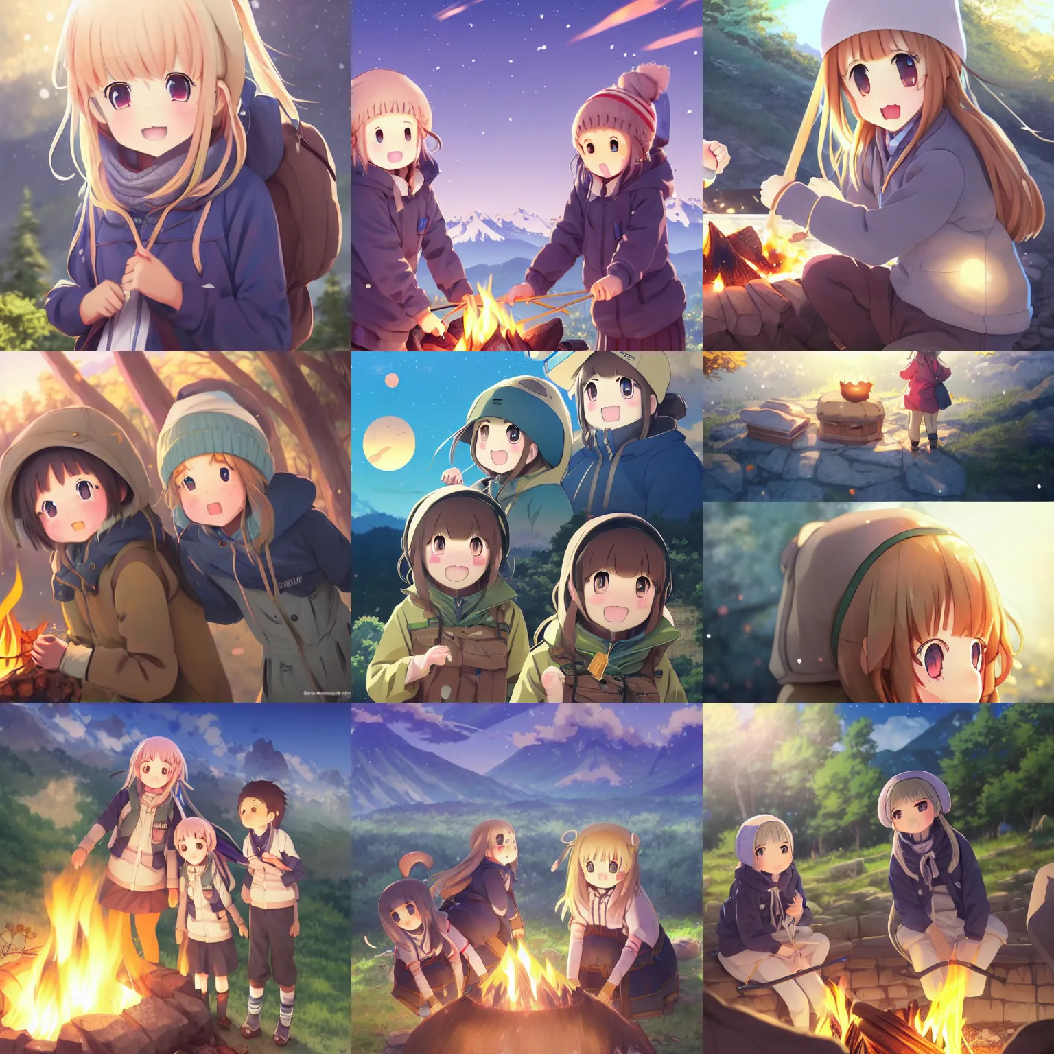 Prompt: anime yuru camp yama no susume cute girls around campfire trending on artstation hyperdetailed shining eyes cute moe detailed faces Unreal Engine 4k 8k ultra HD illustration digital pixiv concept art manga cover by Stanley Artgerm Lau, WLOP, Rossdraws, James Jean, Andrei Riabovitchev, Marc Simonetti, and Sakimichan