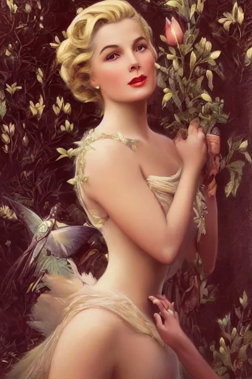 Image similar to A young and extremely beautiful Grace Kelly explaining the birds and the bees by Tom Bagshaw in the style of a modern Gaston Bussière, art nouveau, art deco, surrealism. Extremely lush detail. Night scene. Perfect composition and lighting. Profoundly surreal. Lush surrealistic photorealism. Sultry and mischevious expression on her face.