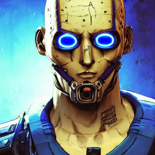 Image similar to cell shaded portrait of a cybernetic blue bald soldier with glowing blue eyes as Borderlands 3 concept art, llustration, post grunge, concept art by josan gonzales and wlop, by james jean, Victo ngai, David Rubín, Mike Mignola, Laurie Greasley, highly detailed, sharp focus,alien,Trending on Artstation, HQ, deviantart, art by artgem