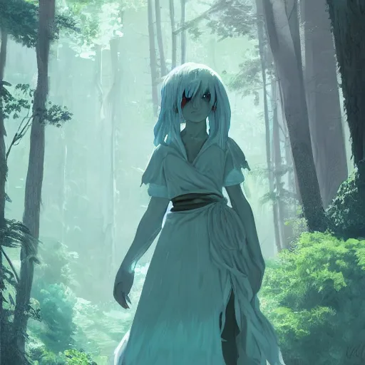 Prompt: concept art painting of a white demon wearing a turquoise dress, in the deep forest, realistic, detailed, cel shaded, in the style of makoto shinkai and greg rutkowski and james gurney