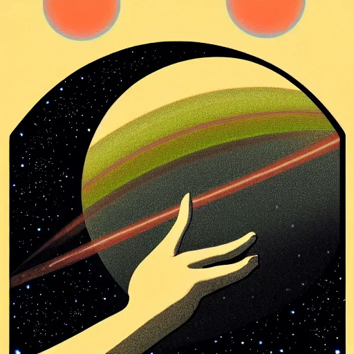 Prompt: closeup of a face with a glowing planet Saturn and earth spinning, the rings are glowing around the planet, the woman's hand reaching for the pendant, flat design, screen print by kawase Hasui and Dan hillier, 8k, artstation