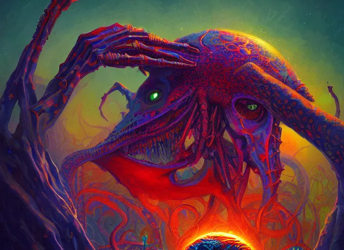 Prompt: A psychedelic portrait of omin dran skeletal mind flayer psion , vibrant color scheme, highly detailed, in the style of romanticism, cinematic, artstation, Moebius, Greg rutkowski